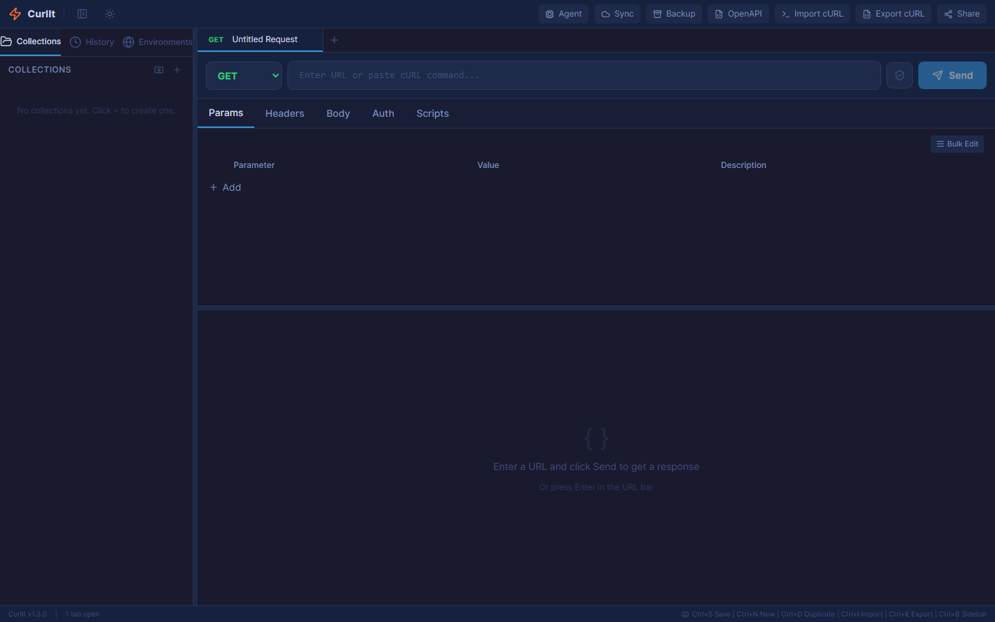 The curlit API testing workspace showing collections, request controls, parameters, headers, body, authentication, scripts, and response areas